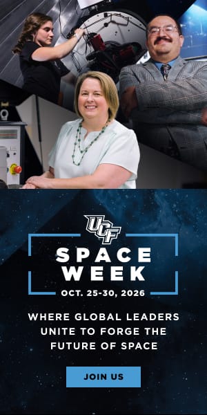 Three UCF researchers in science settings above a UCF Space Week Oct. 25-30, 2026 banner with the text, Where global leaders unite to forge the future of space. Blue Join Us button at the bottom.